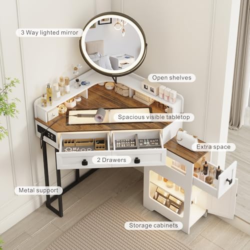 Corner Vanity Desk with Mirror and Lights, Modern Makeup Vanity with Charging Station & Human Sensor Light