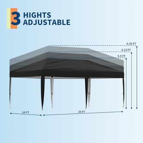10x20 Pop Up Canopy - Easy Up Camping Tent with One Roller Bag, 3 Adjustable Height, 4 Weight Bags for Deck, Garden, Sports, Beach, Party - White