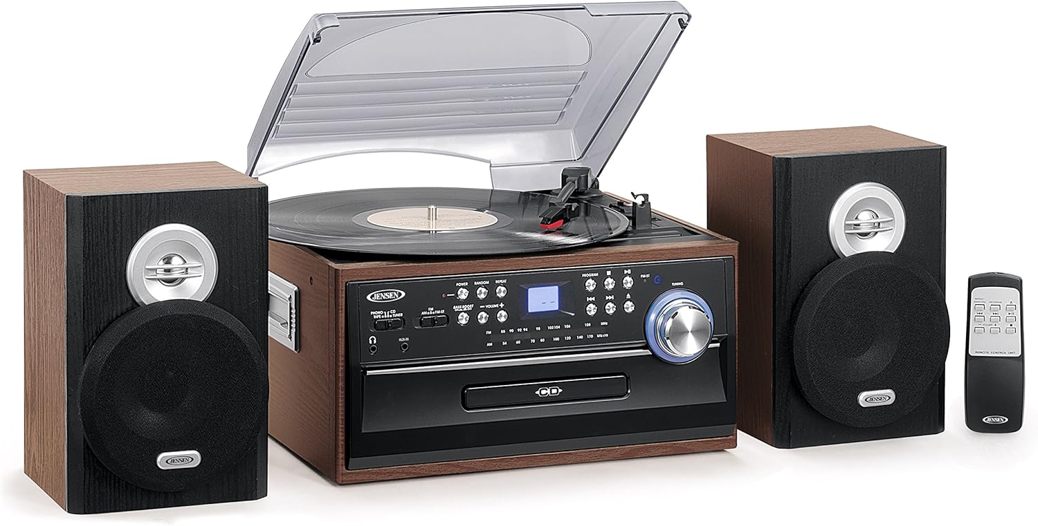 JENSEN JTA-475B 3-Speed Stereo Turntable with CD System, Cassette, and AM/FM Stereo Radio