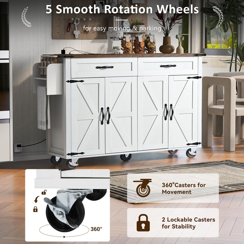 53.5''Farmhouse Kitchen Island with Power Outlet, Kitchen Storage Island with Drop Leaf, Spice Rack and Drawer, Rolling Kitchen Cart on Wheels