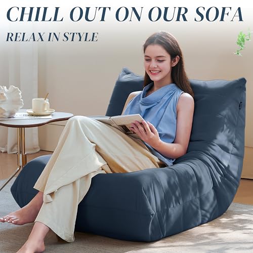 Bean Bag Chair for Adults - Suede & Microfiber Fireside Floor Chair, Comfortable Corner Lounge Sofa for Living Room, Bedroom, Office (3-Seater, Beige)