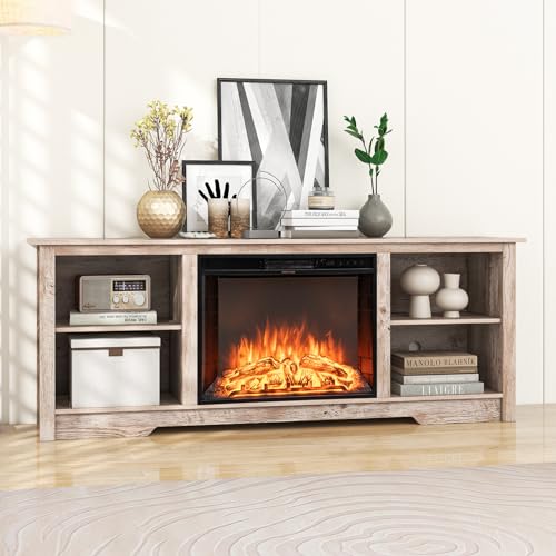 COSTWAY Electric Fireplace TV Stand for TVs up to 75 Inches, 1500W Heater Insert with Remote Control, 3 Flame Colors