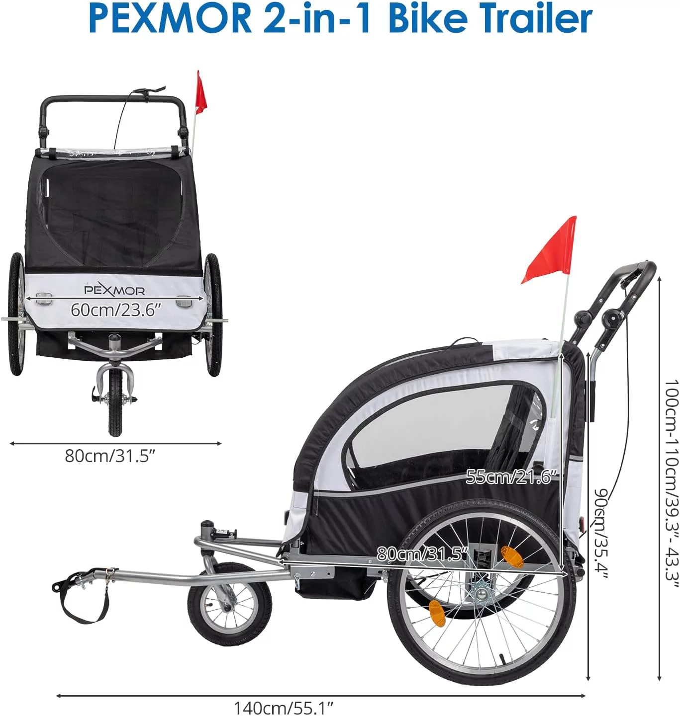 PEXMOR 2-in-1 Bike Trailer for Kids 2 Seat,Child Bicycle Trailer Bike Stroller w/Safety Harnesses & Shock Absorber