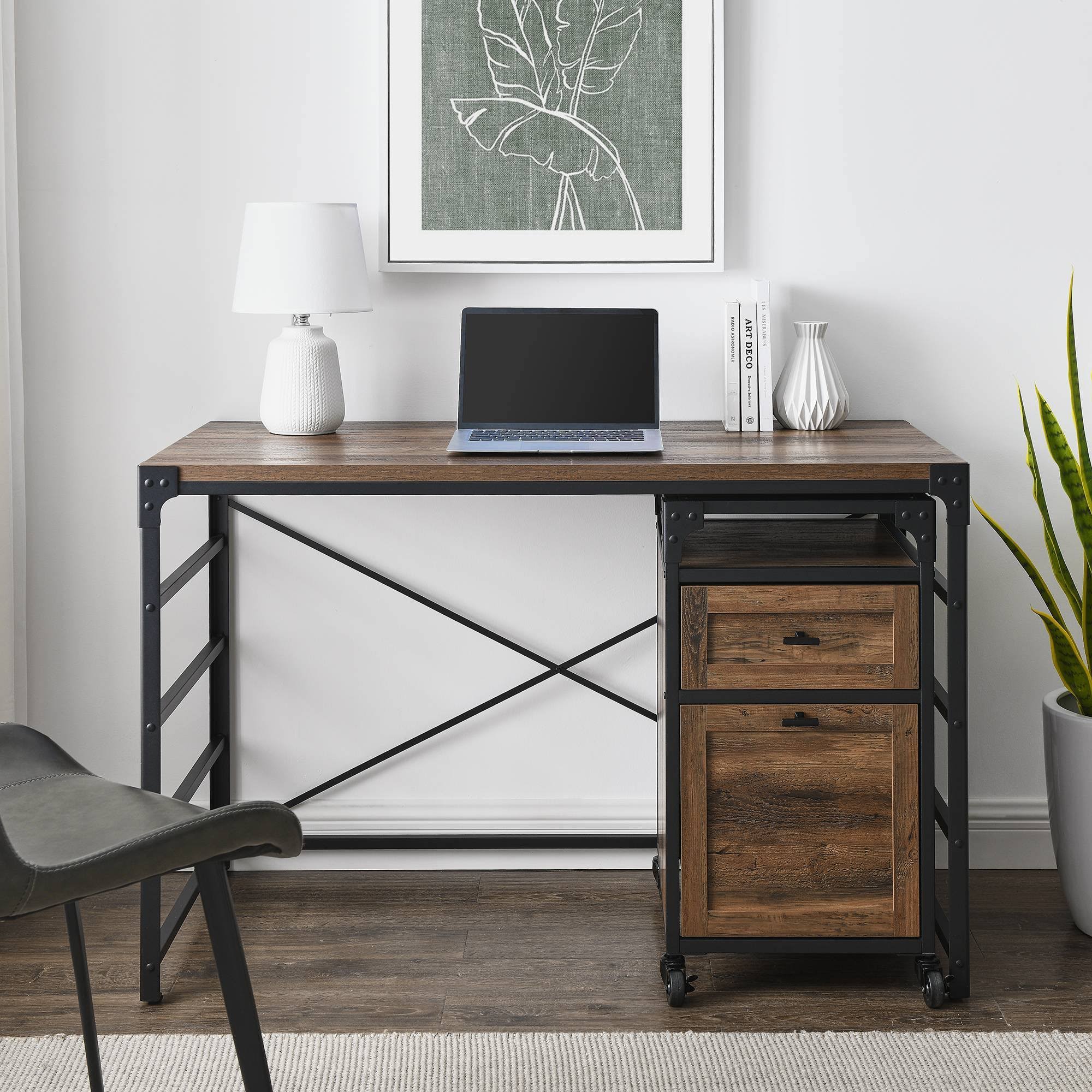 Halverson Angle Iron Writing Desk with 2 Drawer Filing Cabinet Reclaimed Barnwood - Saracina Home