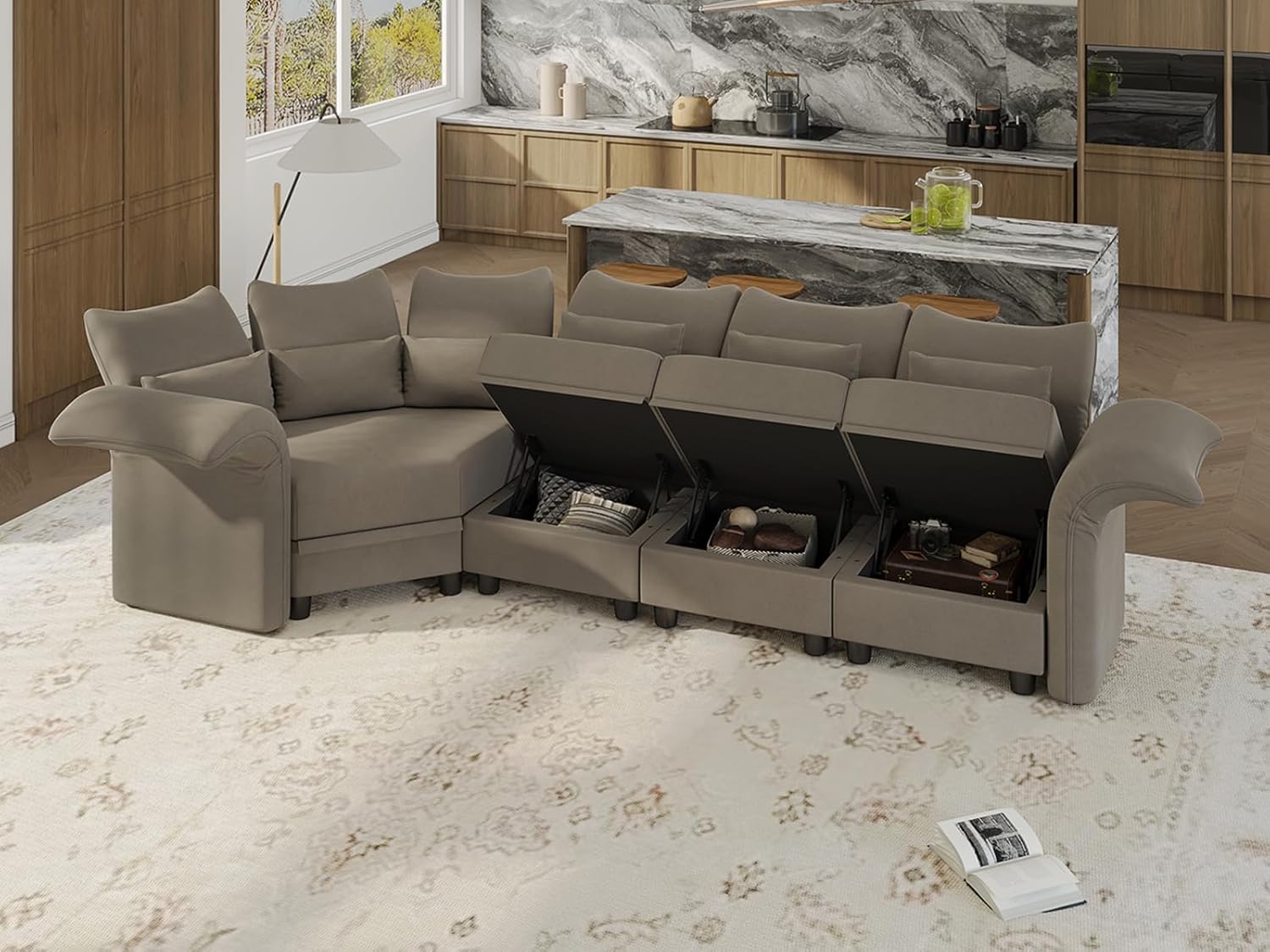 LLappuil Velvet Modular Sectional Sofa L Shaped Corner Couch with Storage Chaise, 142.2" 4-Seater Sofa with Big Ottoman