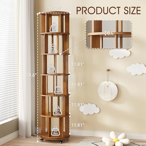 6 Tier Rotating Bookshelf Tower Spinning Bookshelf with Swivel Wheels Book Shelf Rotating Storage Tower for Kids Adult Narrow Walnut Solid Wood