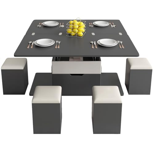 Modern Lifting Coffee Table with 4 Stools,Lift Top Coffee Table with Storage,Multifunctional End Table for Eating Area,Great As Work Or Snack Station
