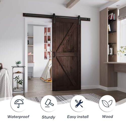 FREDBECK 36in x 84in Brown Barn Door with 6.6ft (79inch) Barn Door Hardware Track Kit and Handle Included, Double Surfaces