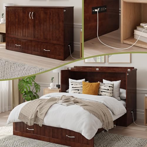 AFI Southampton Queen Murphy Bed Chest with Mattress, Storage, and Built-in Charger in Grey