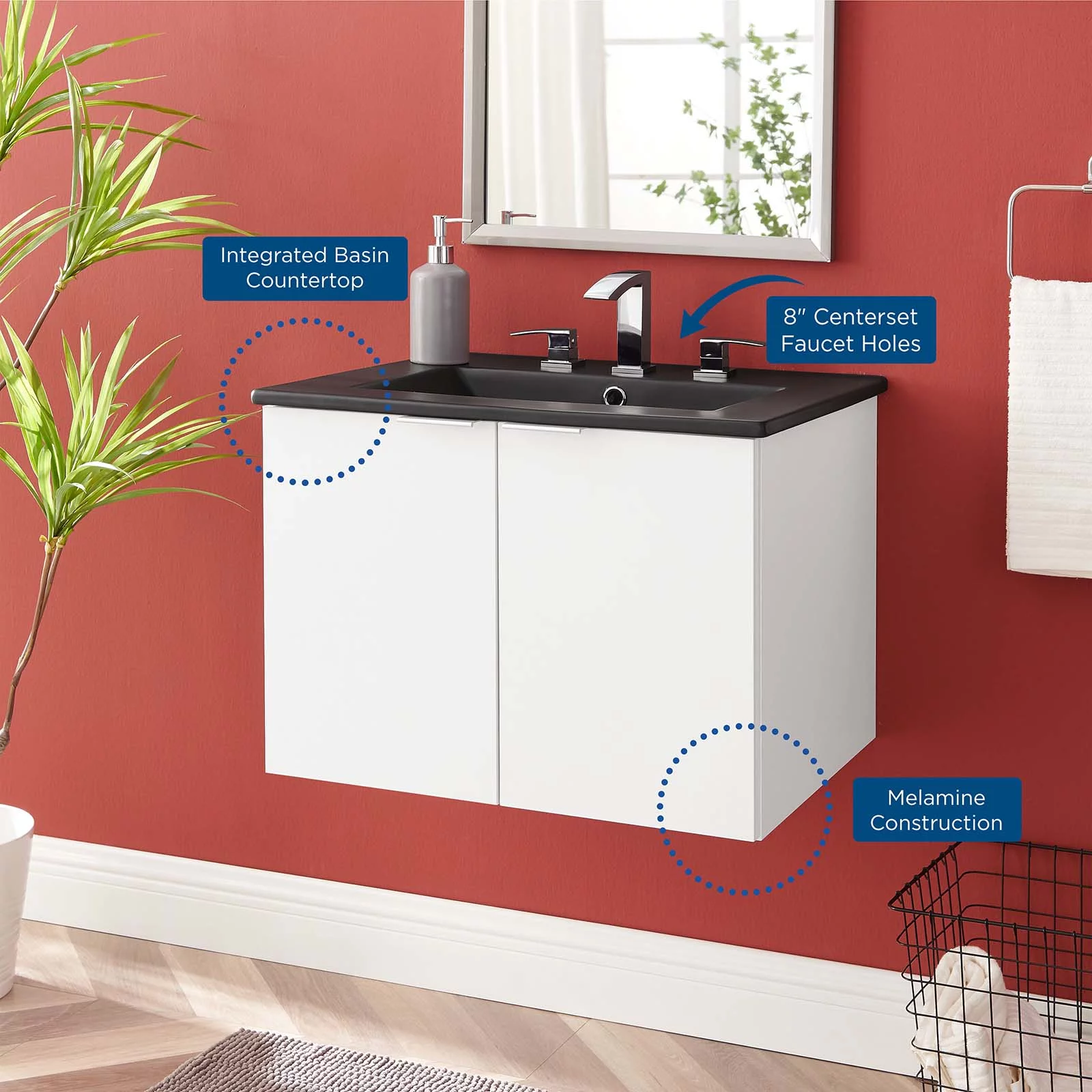 Sink Vanity Cabinet, Wall Mounted, Melamine, White Black, Modern Contemporary Urban Design, Hotel Bedroom Bathroom Master Suite Guest