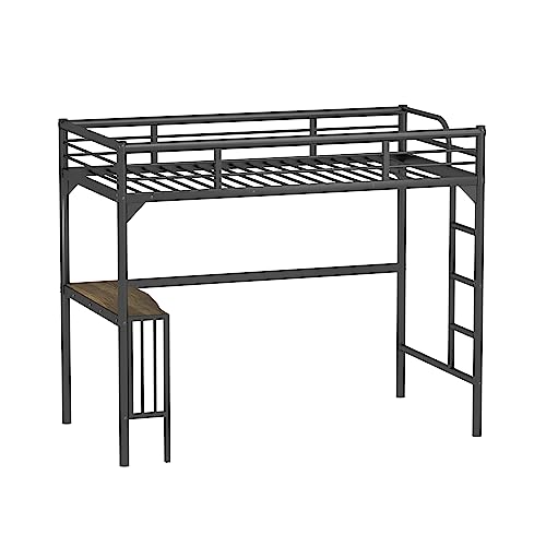 Petfu Loft Bed Twin Size with Desk, Metal Loft Bed Frame with Ladder and Safety Rails, Space-Saving, Noise Free, No Spring Box Needed, Black