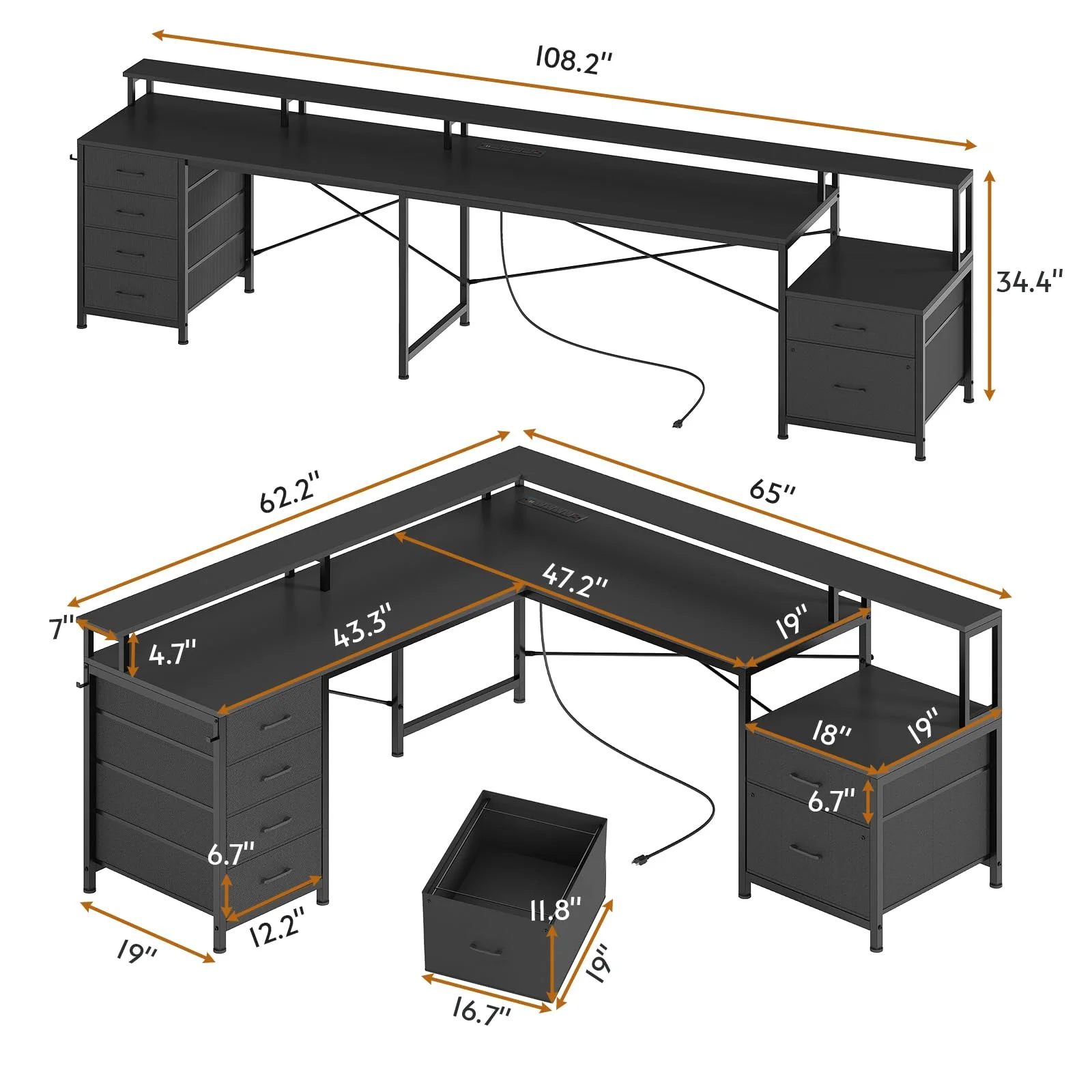 Afuhokles L Shaped Computer Desk with 6 Drawers, Corner Home Office Desk with File Drawers, Black