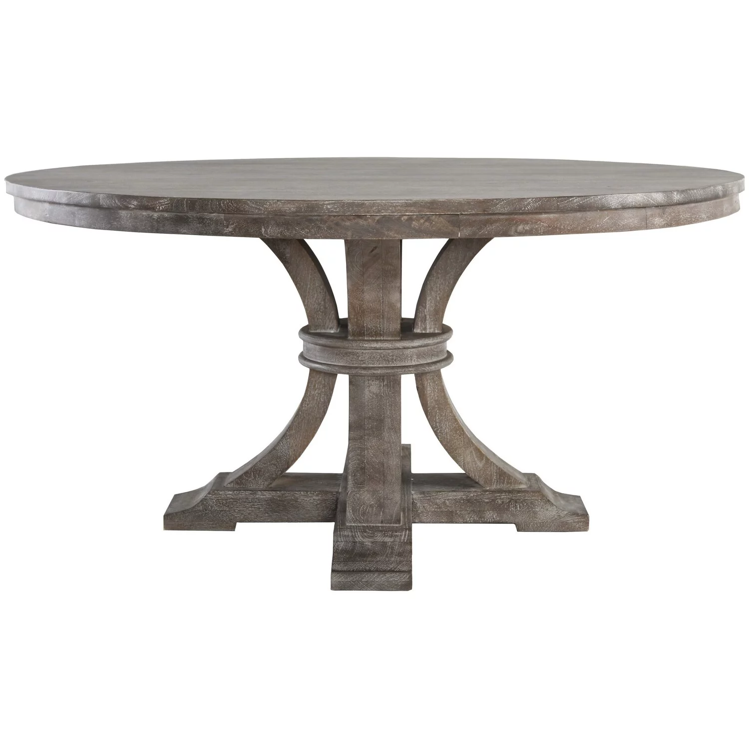 Benjara  60 in. Pedestal Handcrafted Classic Round Wood Dining Table - Gray & Brown