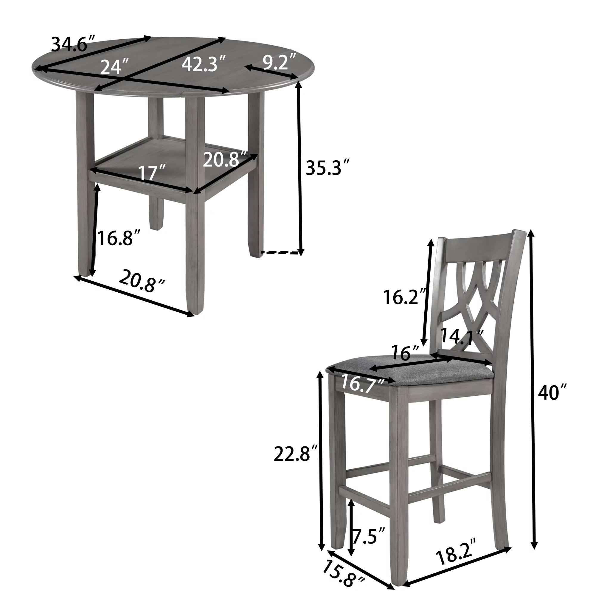 3 Piece Kitchen Nook Dining Table Set, Wooden Drop Leaf Table and 2 Dining Chairs, Counter Height Dining Set with Storage, Gray, D8315