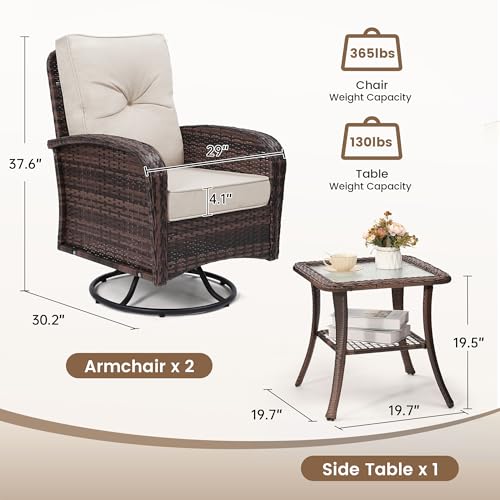 3 Piece Rattan Wicker Bistro Set, Outdoor Conversation Furniture Set with Glass Top Table, Space Saving for Balcony, Backyard, Natural