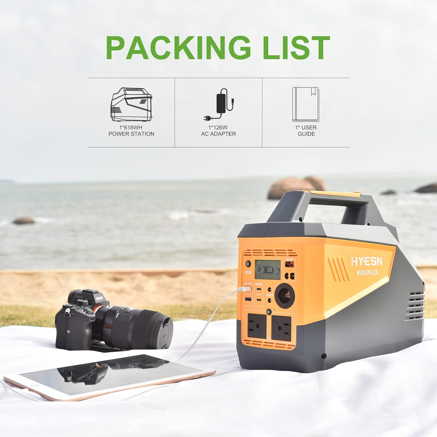HYESN Portable Power Station 500W Outdoor Solar Generators 618Wh Backup Lithium Battery Power Multiple Devices