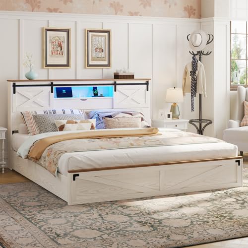 Hasuit Farmhouse Bed Frame California King Size with Storage Bookcase Headboard, Wooden Cal King Bed with LED Lights, Charging Station, 2 Drawers