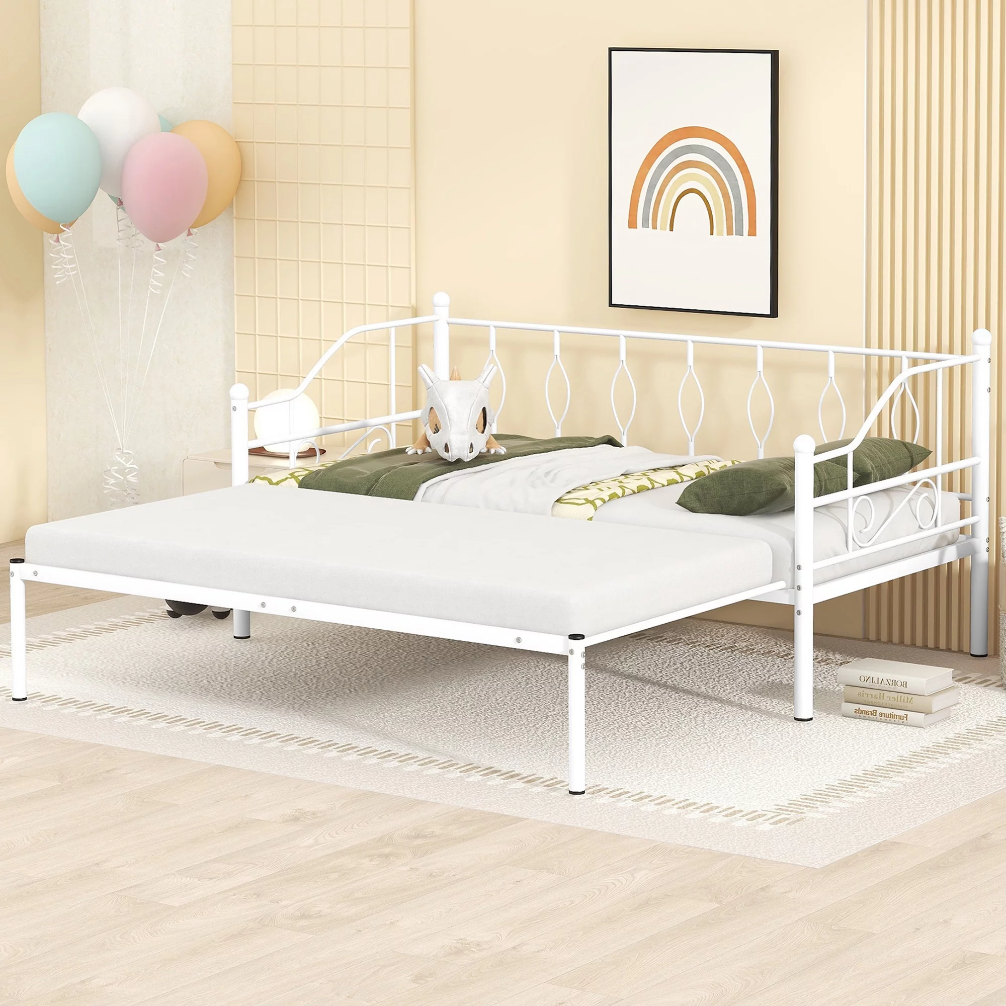 Twin Size Metal Frame Daybed with Trundle, Heavy Duty Steel Slat Support Saving Space Bed Sofa