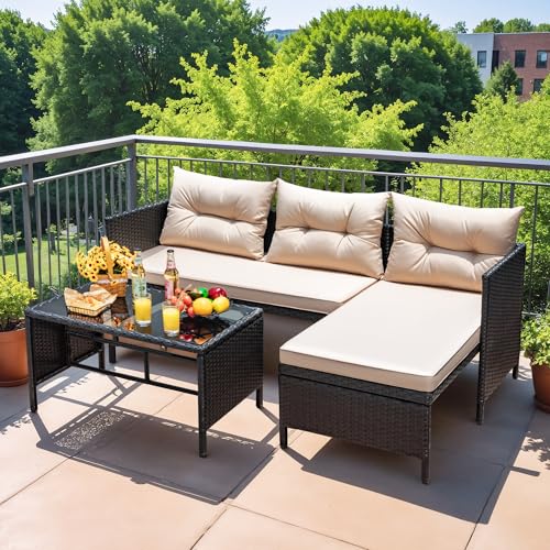 Devoko Outdoor Patio Furniture 3-Piece Rattan Waterproof Outdoor Sectional Sofa All-Weather L Shaped Patio Couch with Cushion Glass Table for Balcony
