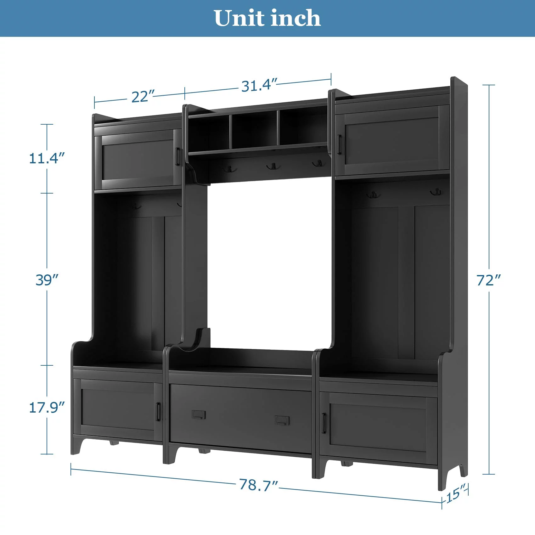 Hall Tree with Bench and Shoe Storage, 4 In 1 Entryway Bench with Coat Rack and 4 Cabinet, Mudroom Bench with 7 Double Hooks