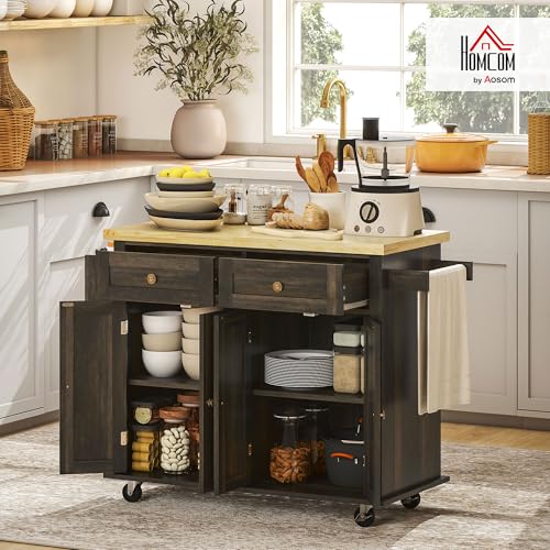 HOMCOM Kitchen Island on Wheels, Rolling Cart with Rubberwood Top, Spice Rack, Towel Rack and Drawers for Dining Room, Navy Blue