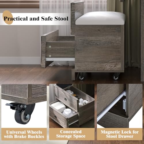 3-in-1 Vanity Set with LED Lighted Flip Top Mirror, Makeup Table with Fold-Up Panel, Hidden Stool, Charging Station