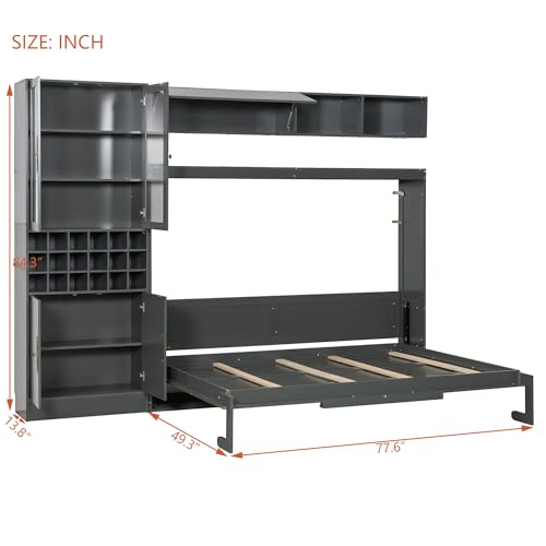 MERITLINE Queen Murphy Bed with Couch and Storage Shelves,Charging Station& LED Light