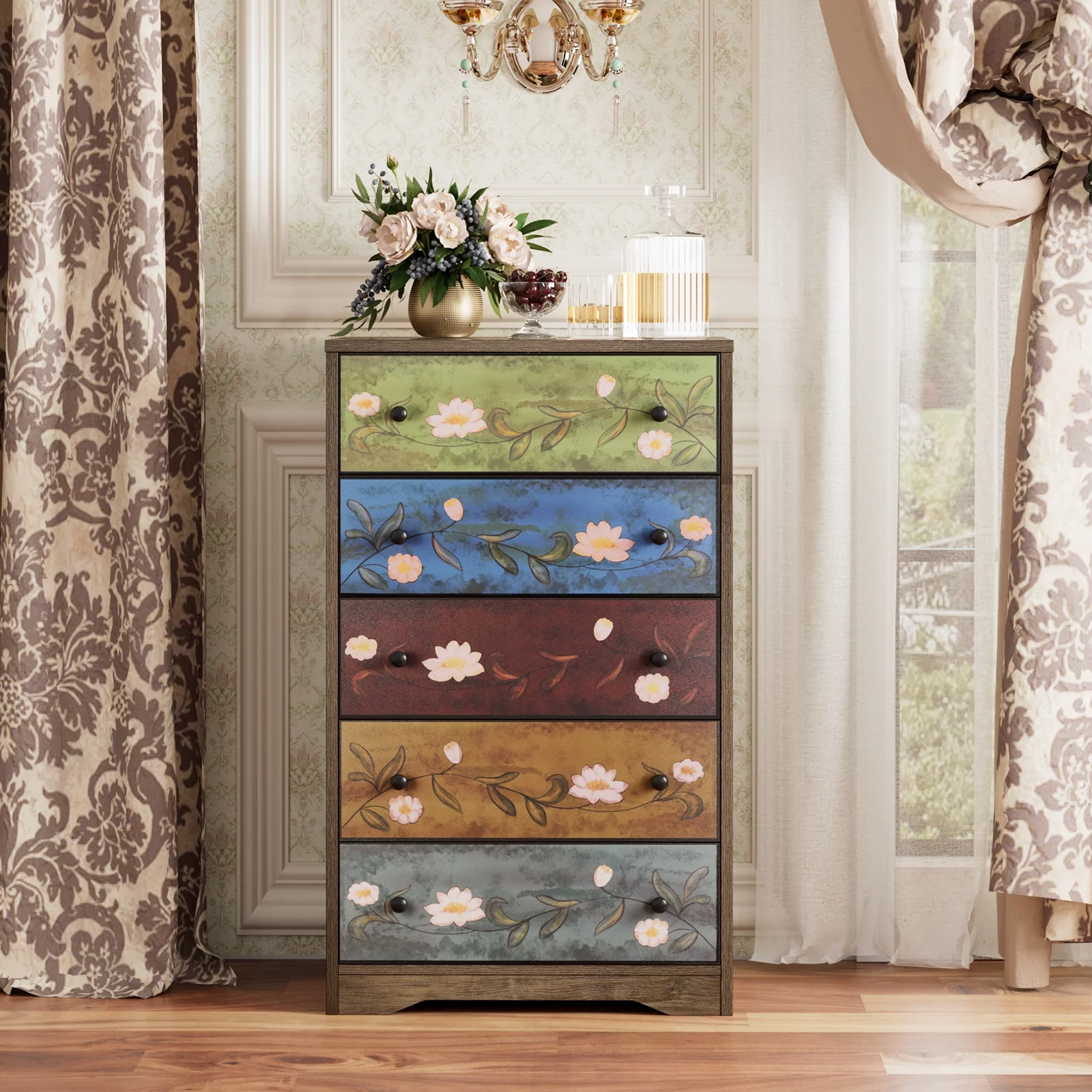 Homfa 5 Drawer Dresser for Bedroom, Boho Accent Dresser Chest of Drawers for Entryway Living Room