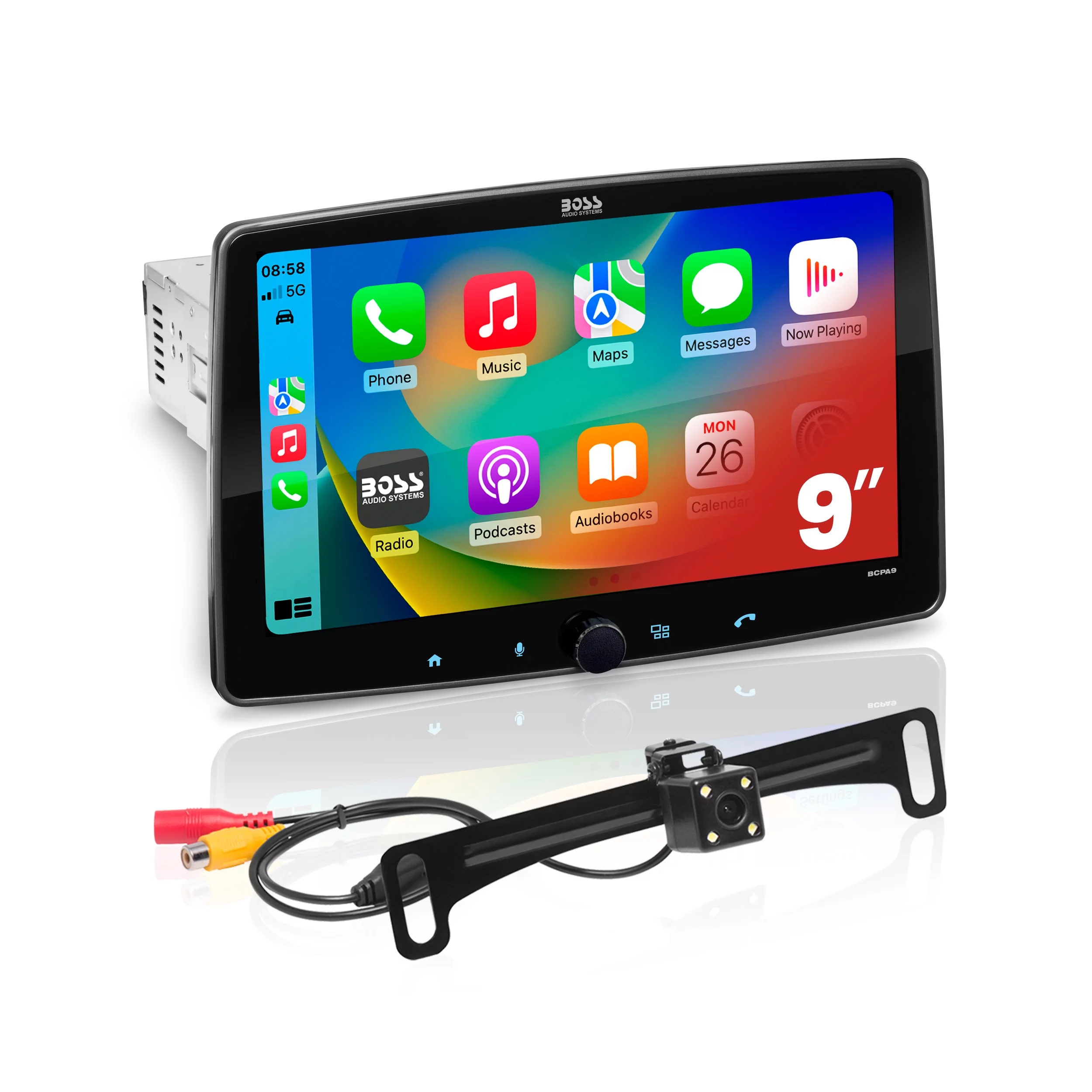 BOSS Audio Systems BCPA9RC CarPlay Android Auto 1 Din Stereo with Backup Camera
