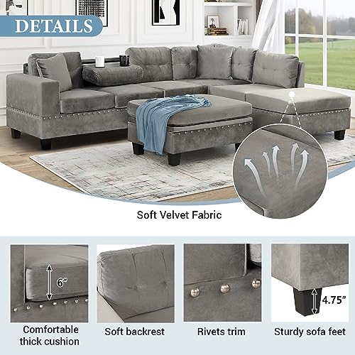 P PURLOVE Sectional Sofa Couch with Reversible Chaise and Ottoman, Polyester L-Shape Couch with 2 Pillows and Cup Holder