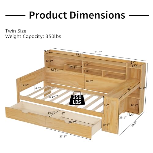 Corner Twin Bed Frame with Bookcase Storage and Desk, Wood Day Beds with 2 Drawers, Twin Size Daybed with Storage for Living Room