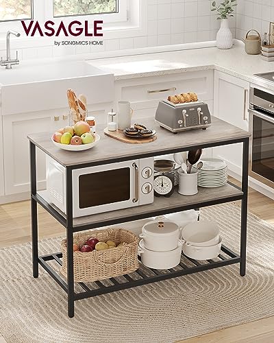 VASAGLE Kitchen Island with 3 Shelves, 47.2 Inches Width Kitchen Shelf with Large Worktop, Stable Steel Structure, Industrial, Easy to Assemble