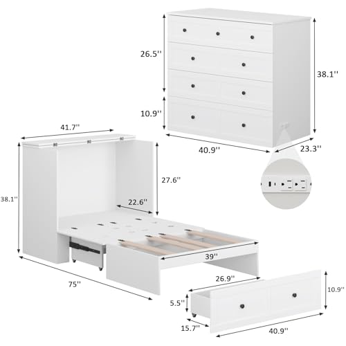 Queen Murphy Bed with Storage & Charging Station, Murphy Cabinet with Foldable Panel, Noisy Free, for Guest Bedroom, Living Room, Office