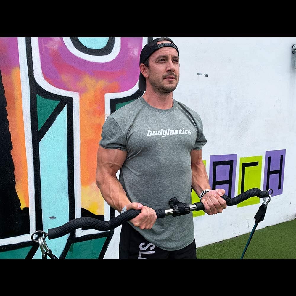 Bodylastics Patented Collapsible Resistance Bands Curl Bar with Steel Pipe Construction, 3 points of Connection, Sharp 45 Degree Angle Bends
