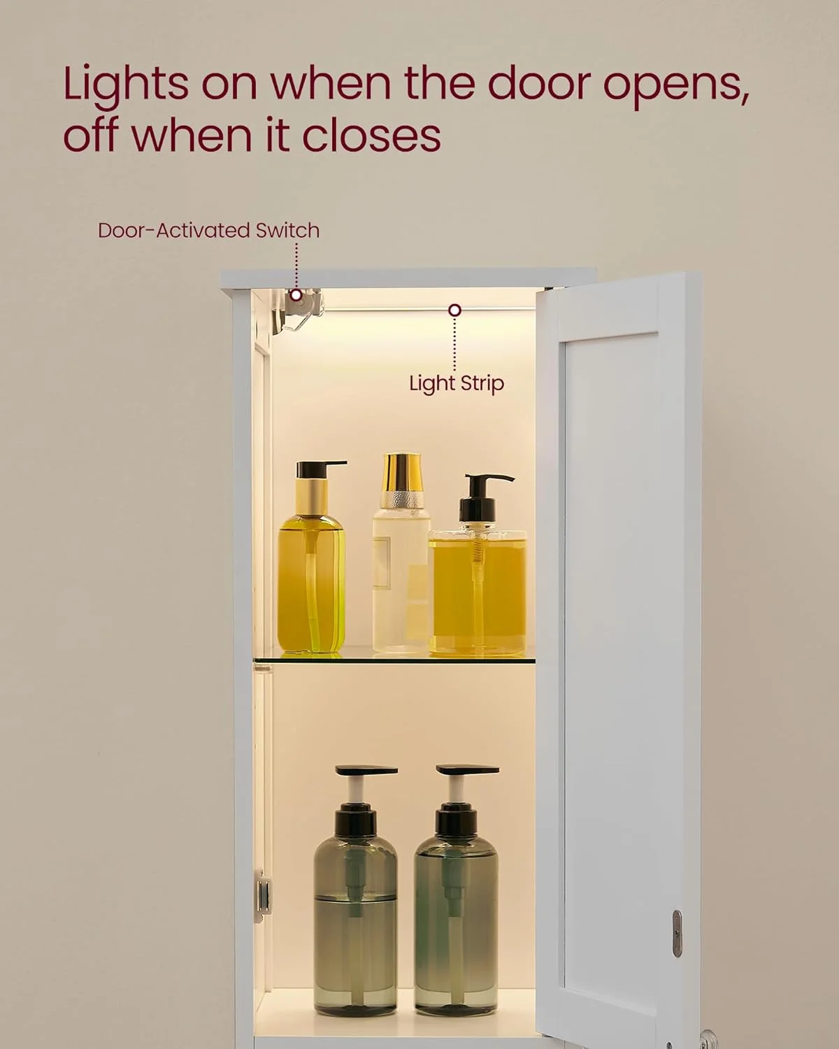 QCAI Tall Bathroom Cabinet with Lights, Slim Bathroom Storage Cabinet, Freestanding Narrow Cabinet with Adjustable Shelves, Open compartments