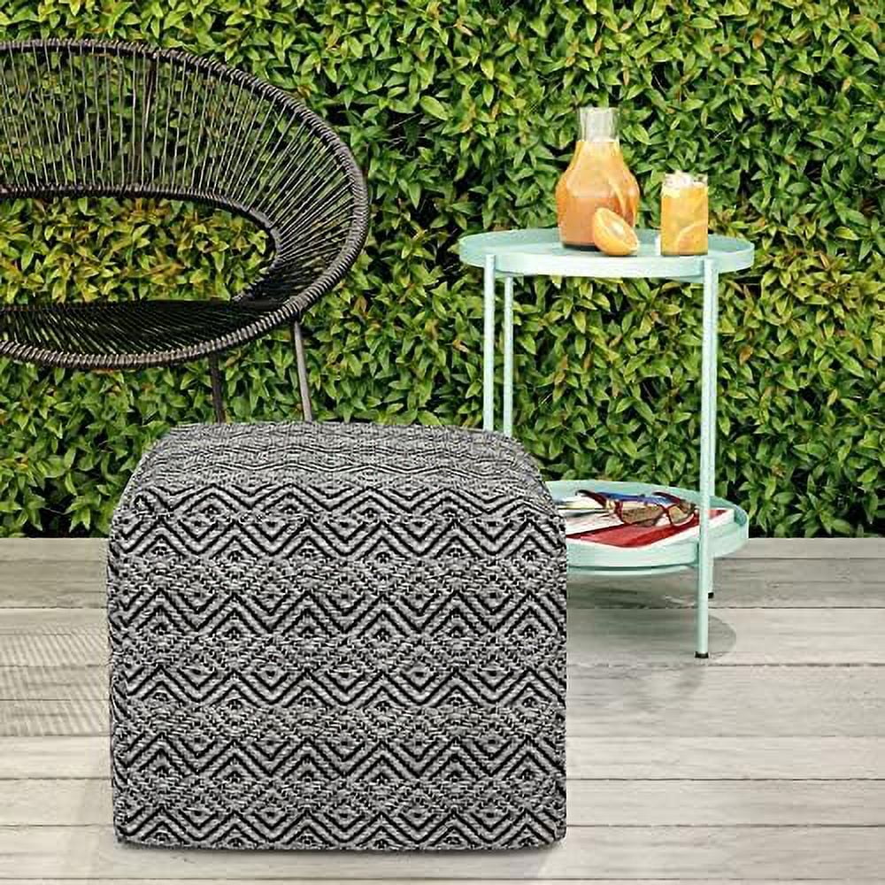 Boho Square Pouf Ottoman, Small Hand Knitted Hassock Footrest For Living Room, Cotton Woven Bean Bag Foot Stool For Couch
