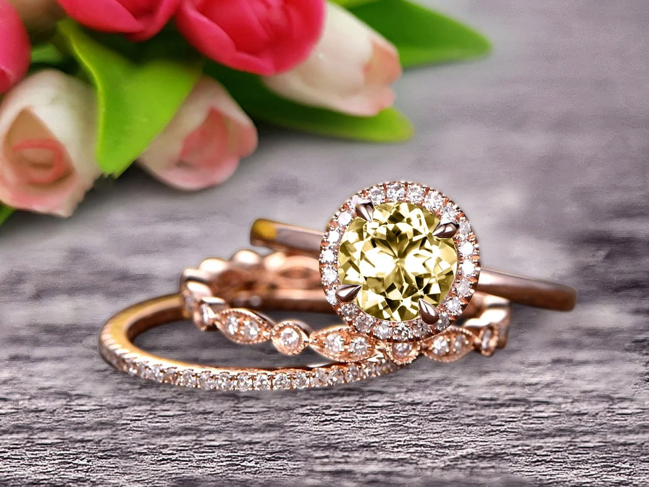 10k Rose Gold Anniversary Gift Art Deco 2.25 Carat 6mm Round Cut Champagne Diamond Moissanite Wedding Ring Set Matching Band Anniversary Gift