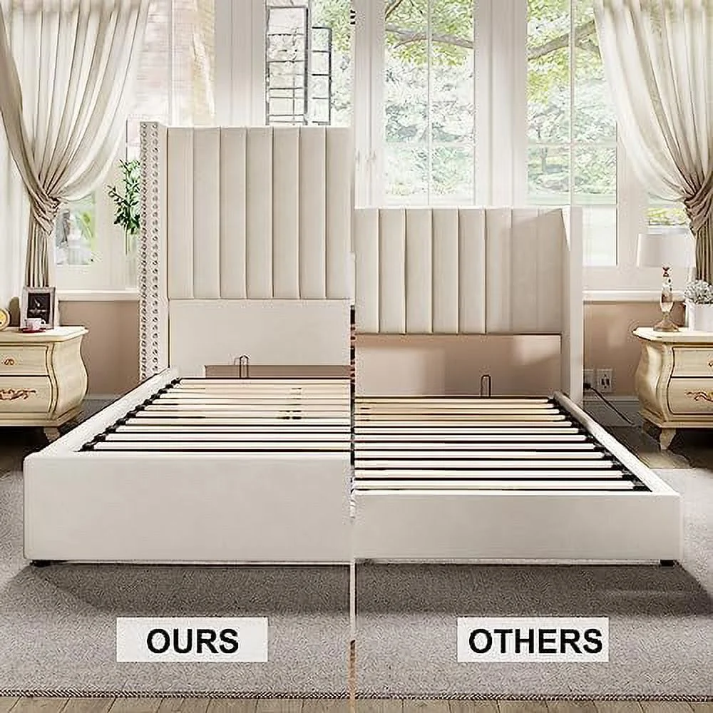 Jocisland Queen Bed Frame Lift Up Storage Bed, Velvet Queen Upholstered Bed Frame Channel Tufted Wingback Headborad/No Box Spring Needed/Cream