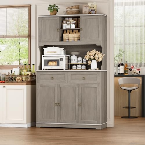 HOSTACK Large Kitchen Pantry Cabinet with Charging Station, 71" Kitchen Hutch Cabinet with Storage Drawers and Countertop