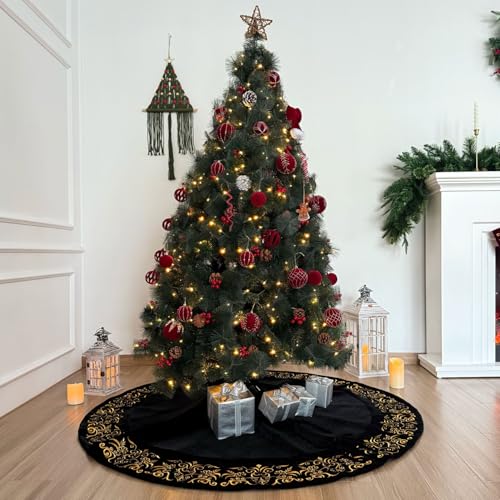 72-Inch Victorian Velvet Christmas Tree Skirt with Gold Damask Embroidery and Plush Lace Ties, Burgundy