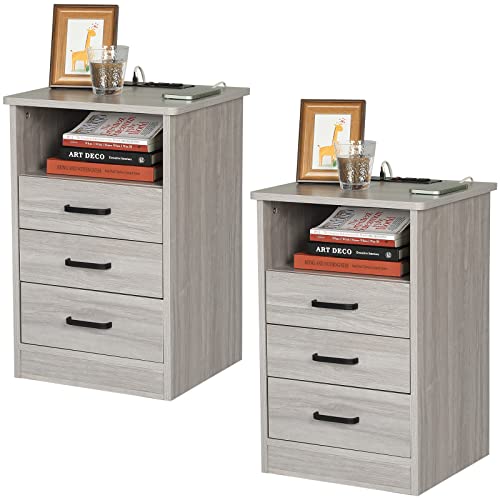 ADORNEVE Nightstands Set of 2, Grey Night Stands with Charging Station, Bedside Table with Drawers & USB Ports for Bedroom,Living Room