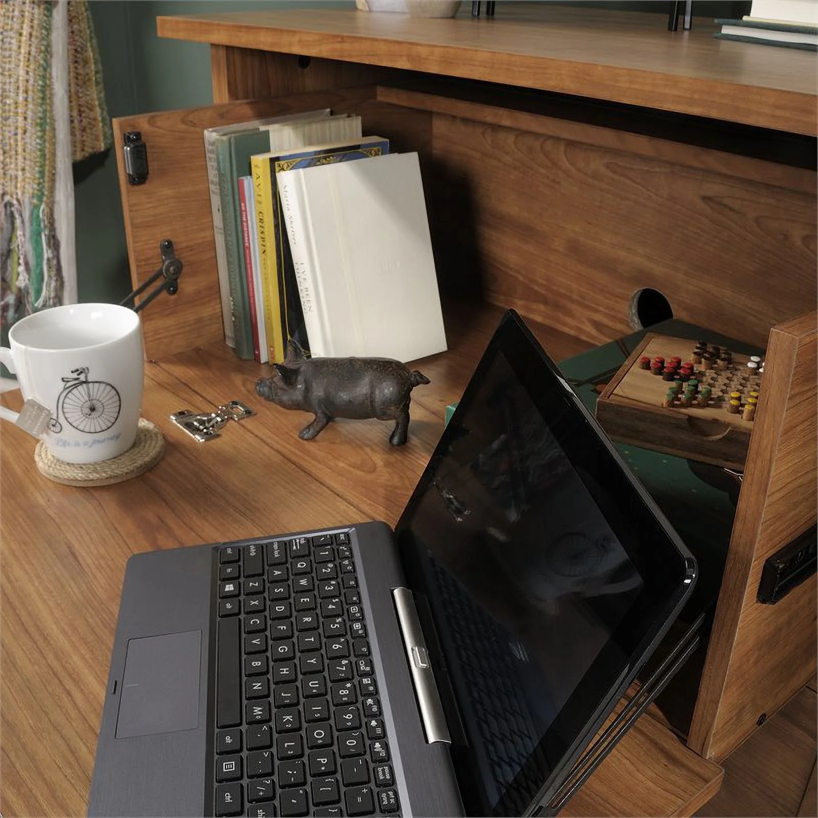 Pemberly Row Engineered Wood Secretary Desk/Chest in Prairie Cherry