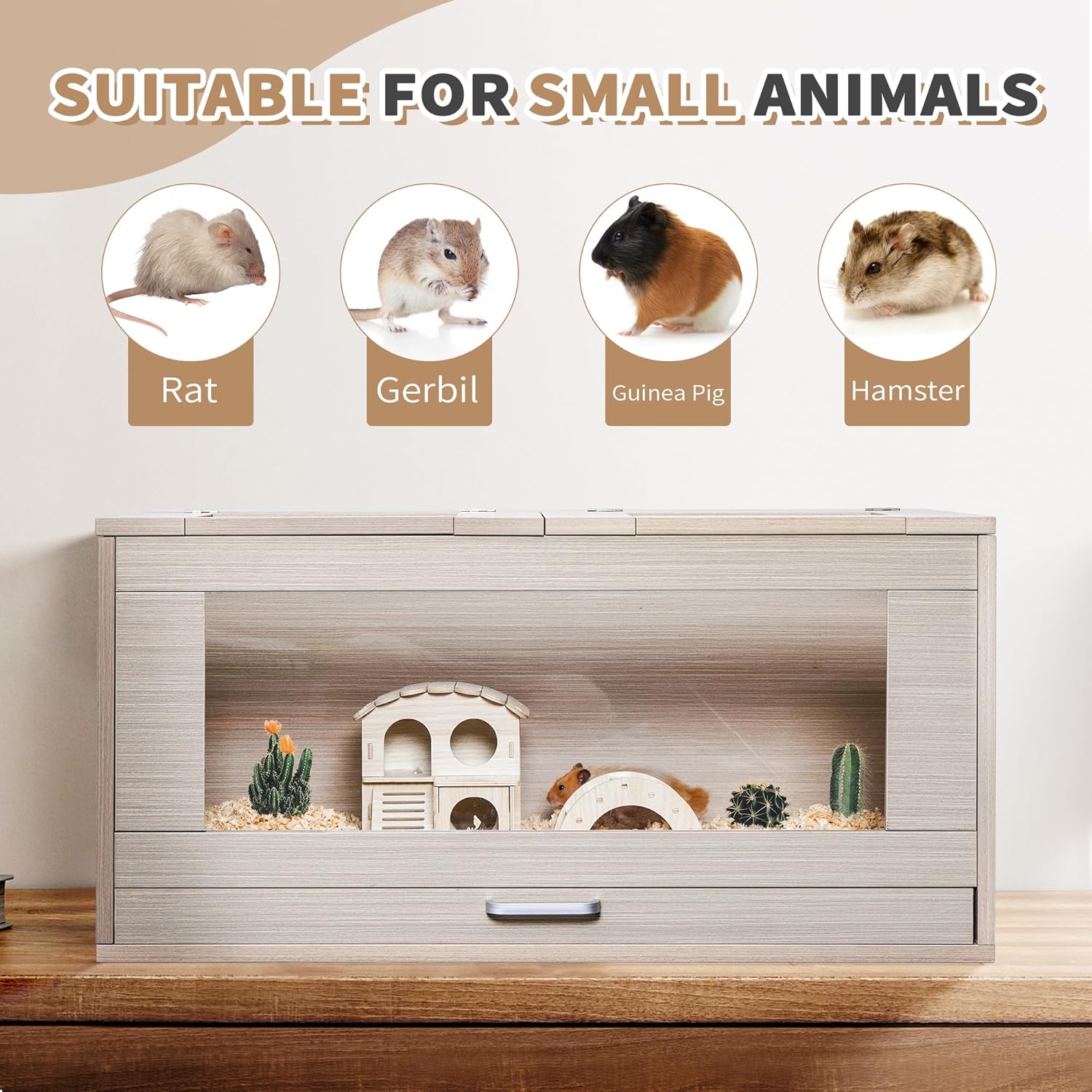 Guinea Pig Cages, Hamster Cage Wood with Independent Storage Cabinet, House for Rat Chinchilla with Guinea Pig Hutch and Bridge