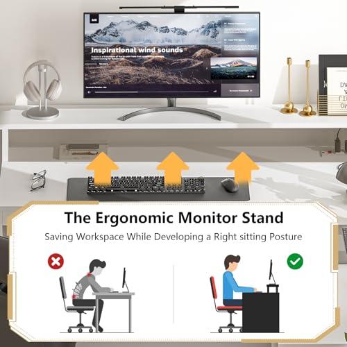 63" Farmhouse L Shaped Executive Desk with Drawers & Storage Shelf, Corner Computer Desk with Power Outlets, L Shaped Office Desk with Monitor Stand