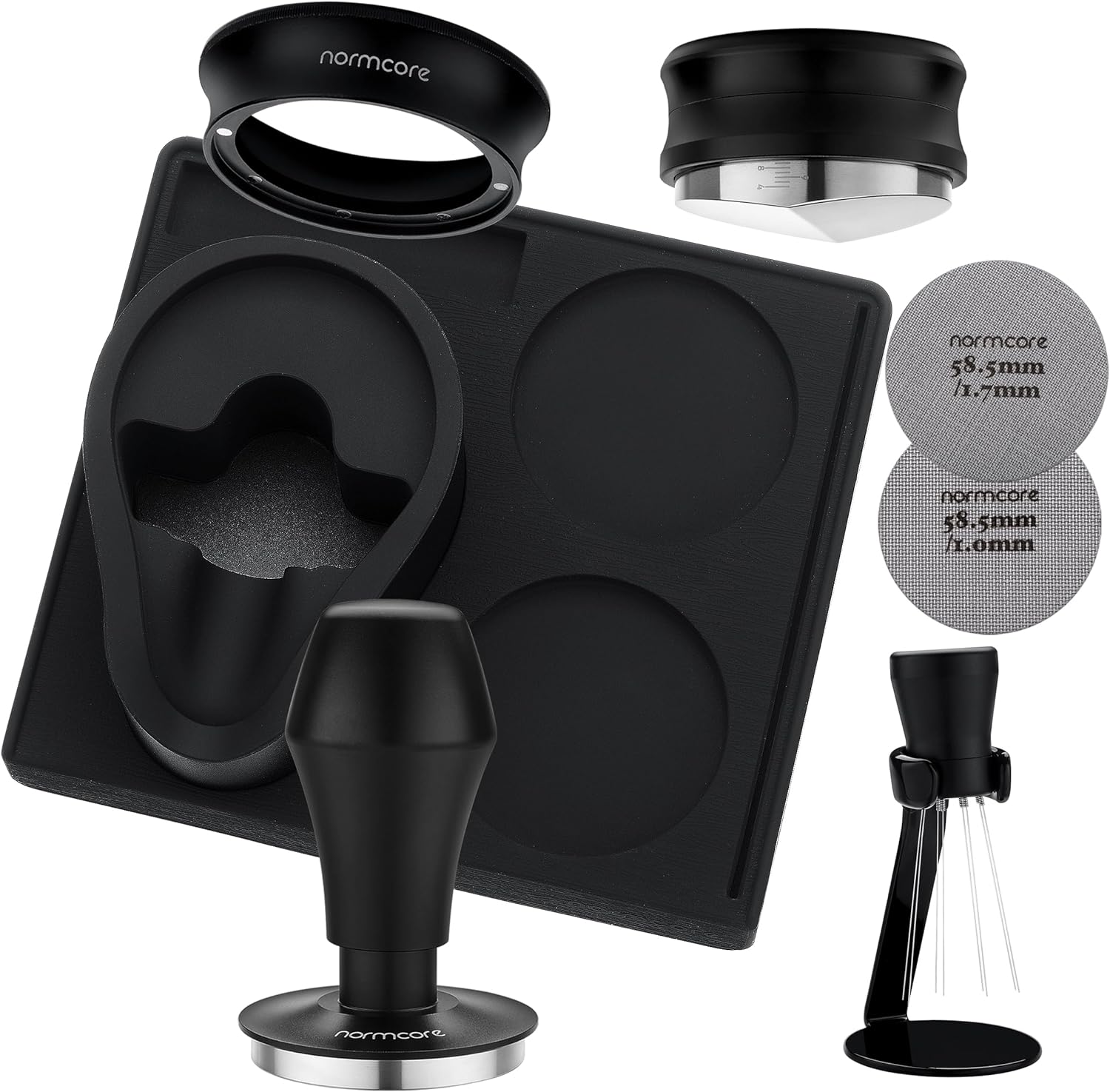 Normcore 58.5mm 7-in-1 Barista Kit: Coffee Tamper, Distributor Tool, WDT with Stand, Dosing funnel, Puck Screen Set, Compact Tamping Mat