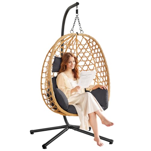 Egg Chair with Stand, Wicker Rattan Swing Hammock Chair with Fine Lace & Cushion, Hanging Chair with Double Chains