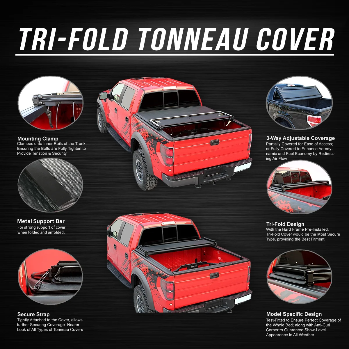 DNA Motoring TTC-TRISOFT-061 For 2014 to 2019 toyota Tundra 8' Bed Fleetside Adjustable Tri -Fold Soft Top Trunk Tonneau Cover 15 16 17 18