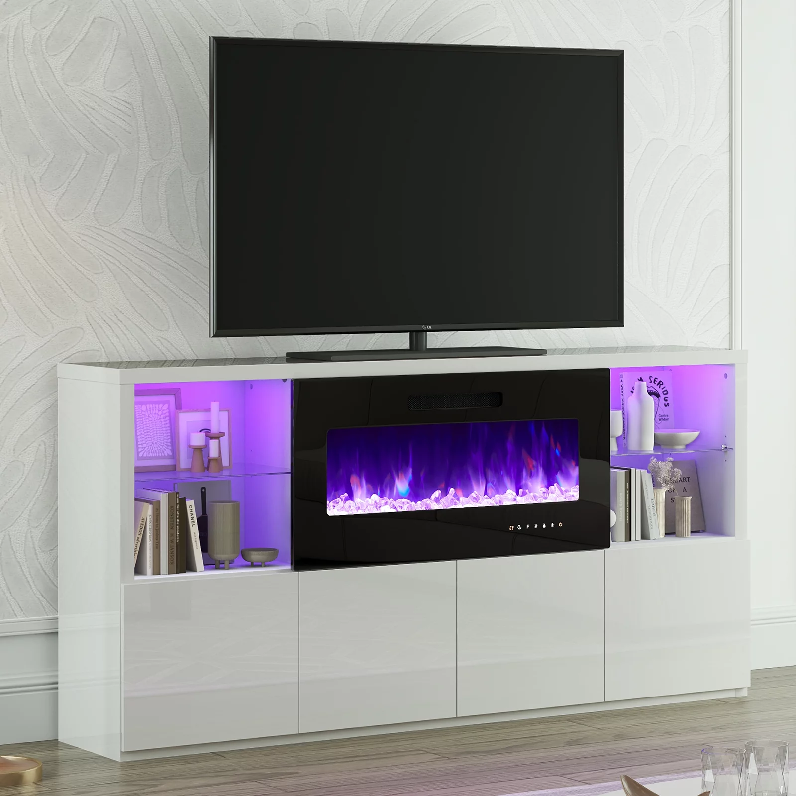 LUXOAK Electric Fireplace TV Stand for TVs up to 75", Modern High Gloss Entertainment Center with 40" Fireplace, White