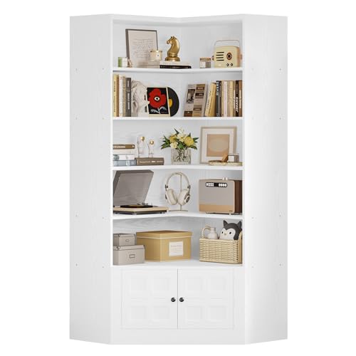 IRONCK 81" Corner Bookshelf with Door, 6 Tiers Lagre Bookshelves with Storage Rack, Tall Bookcase for Living Room Home Office, White