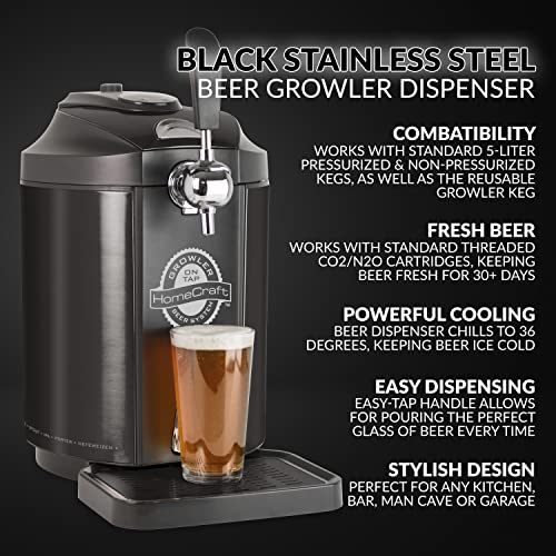 Homecraft Black Stainless Steel Easy-Dispensing Tap Beer Cooling System, Includes Reusable Growler